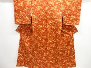 未使用品　家屋に草花模様手織り紬着物